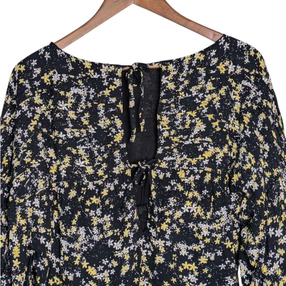 NEW Free People Dessa Bodysuit Top Medium Floral Pleated Puff Sleeve Tie Back - Picture 8 of 11